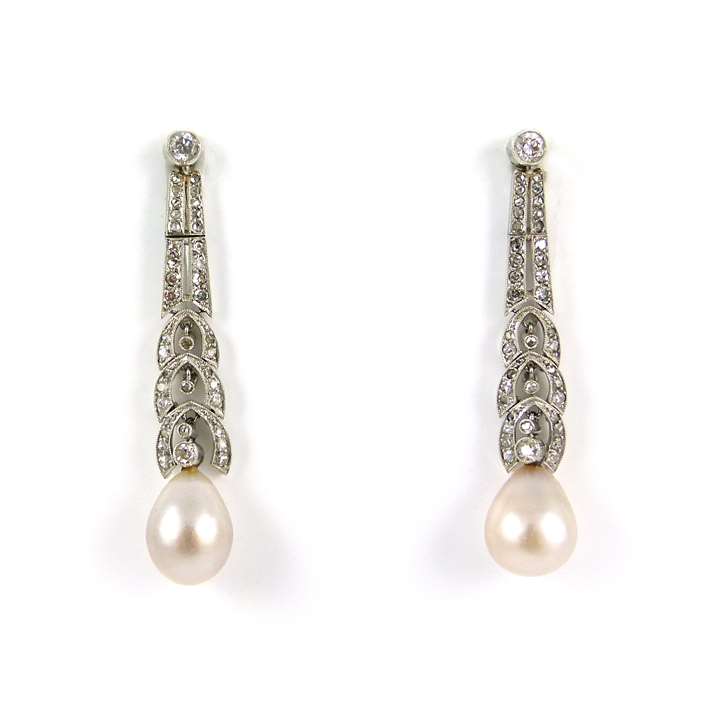 Pair of early 20th century drop pearl and diamond pendant earrings